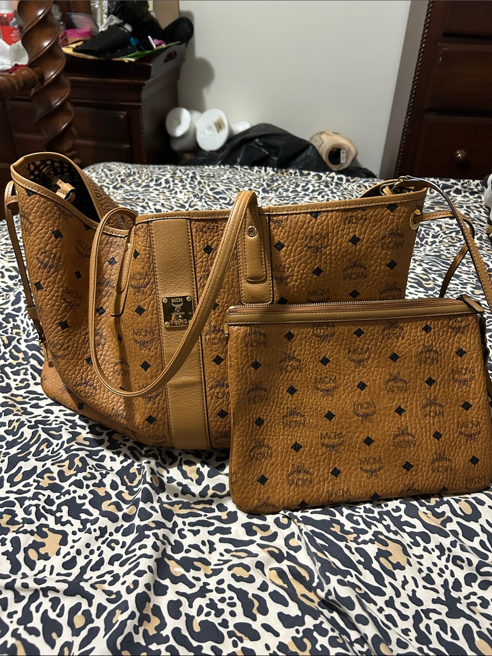 MCM Cognac Logo Visetos Tote with Matching Zip Pouch